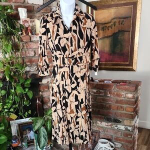 Karen Millen Botanical Print Belted Shirt Dress Black Tan